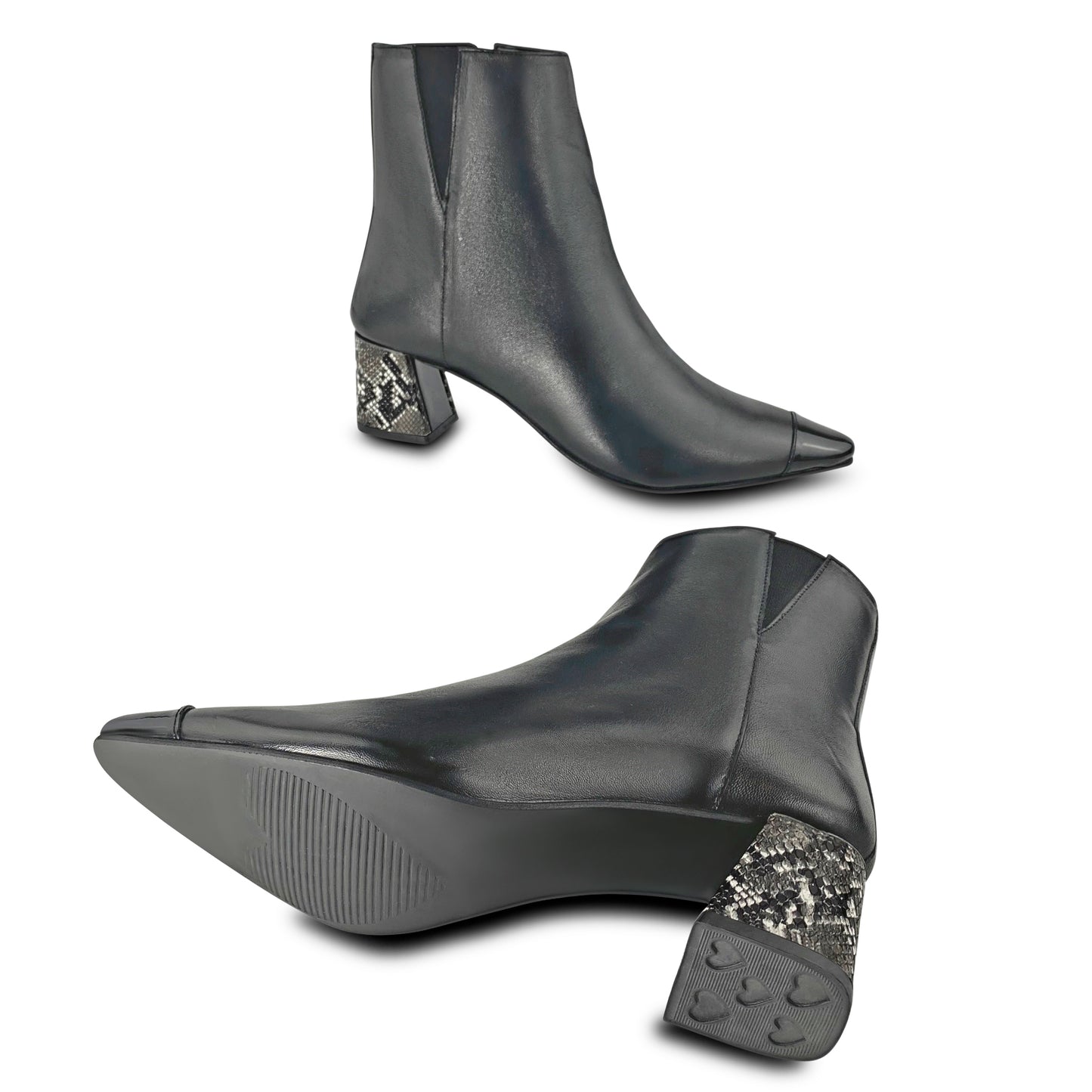 Pointed Toe Boot with Black $ White Python Print Flared Heel Cover
