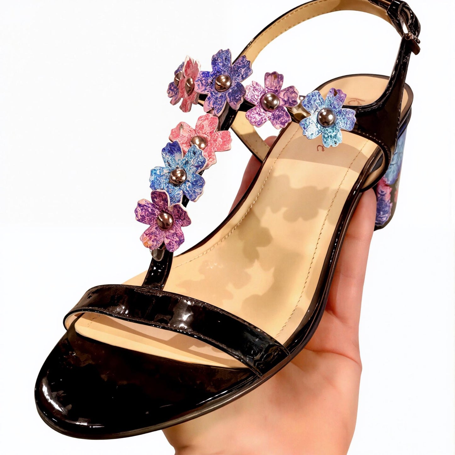 Classic Black Sandal with Hydrangea Print Flower Strap and Block Heel Cover