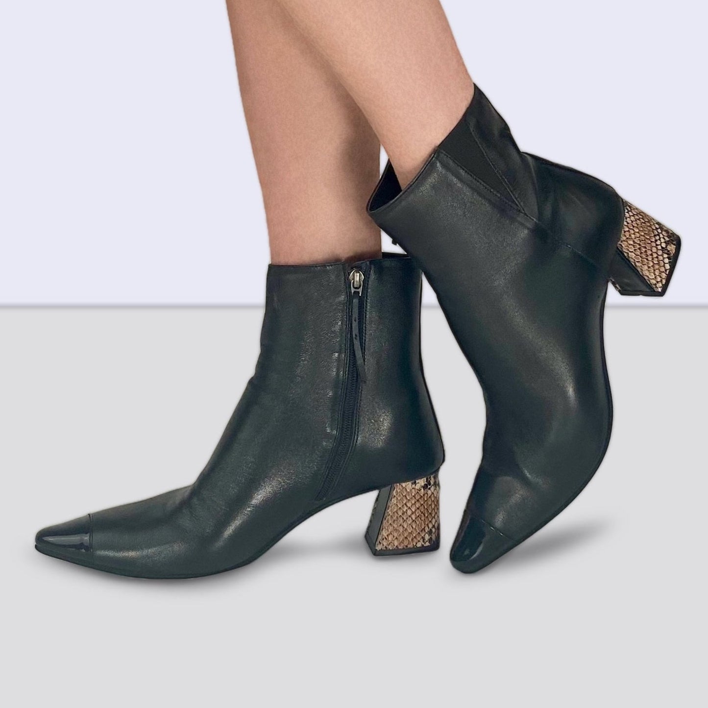 Pointed Toe Boot with Python Print Flared Heel Cover