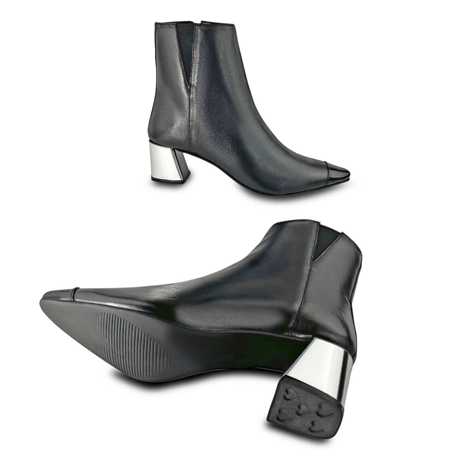 Pointed Toe Boot with Silver Patent Flared Heel Cover