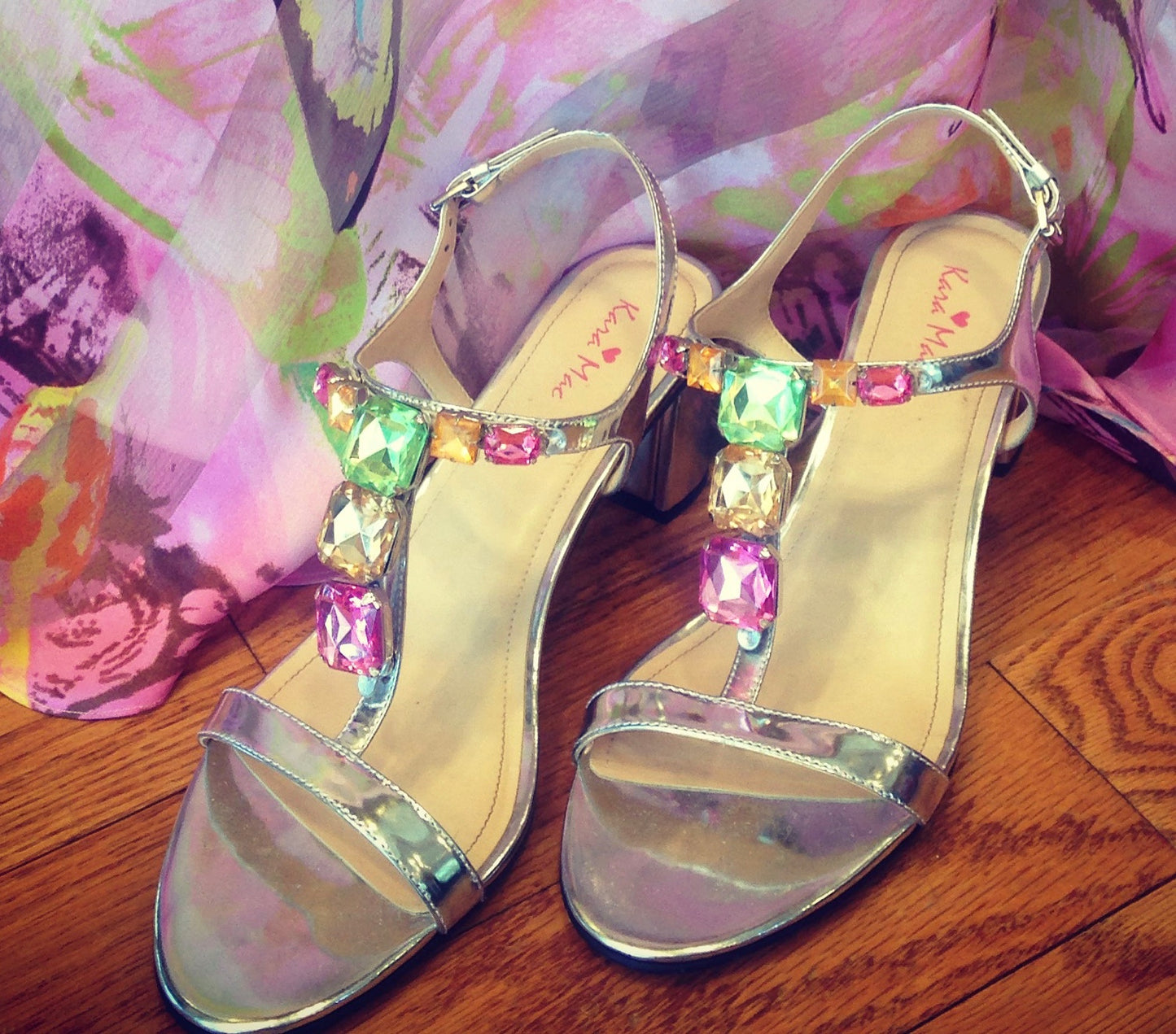 Classic Silver Sandal with Multi-colored Pastel Rhinestone Strap and Silver Block Heel Cover
