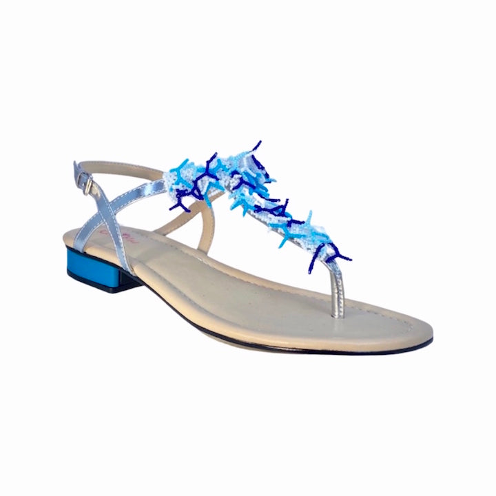Thong Sandal in Silver Patent Leather with Hand Beaded Coral Reef strap and Blue heel cover