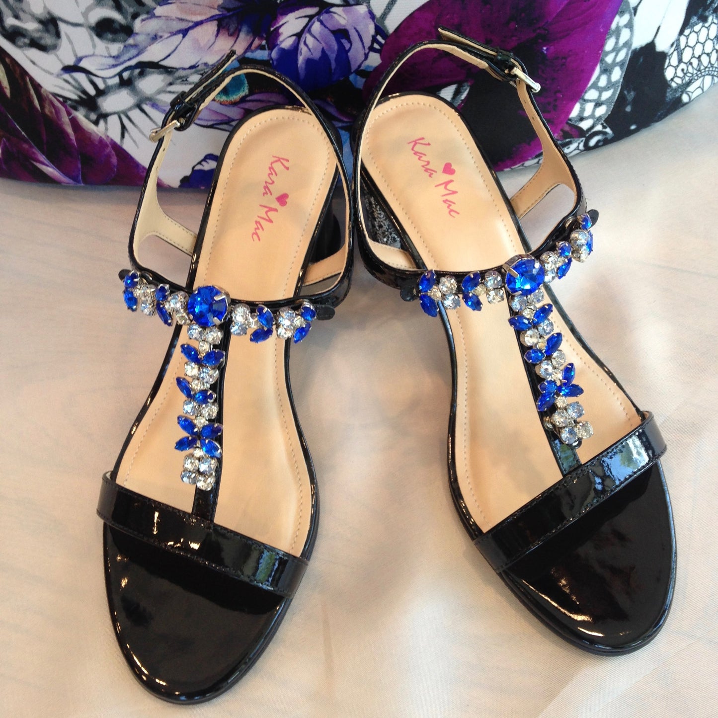 Classic Black Sandal with Sapphire & Crystal Rhinestone Strap and Crystal Block Heel Cover