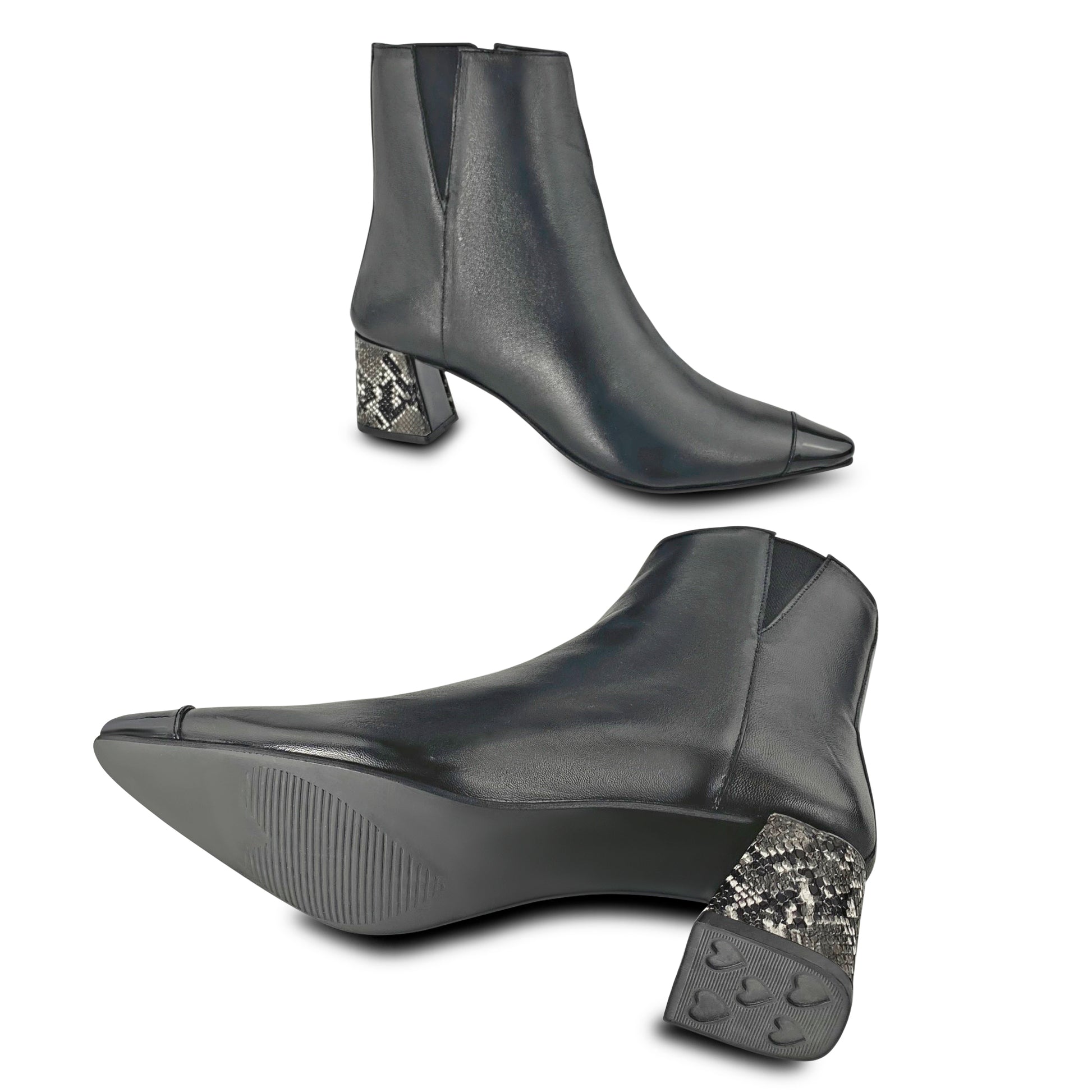 Pointed Toe Boot with Black $ White Python Print Flared Heel Cover