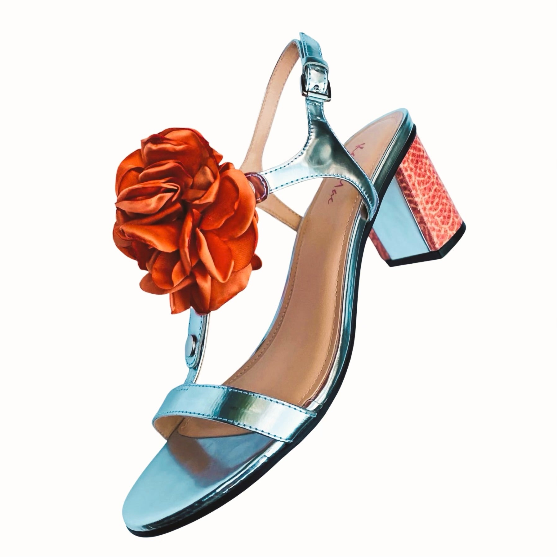 Classic Silver Sandal with Coral Flower Toe Clip Strap and Coral Print Block Heel Cover