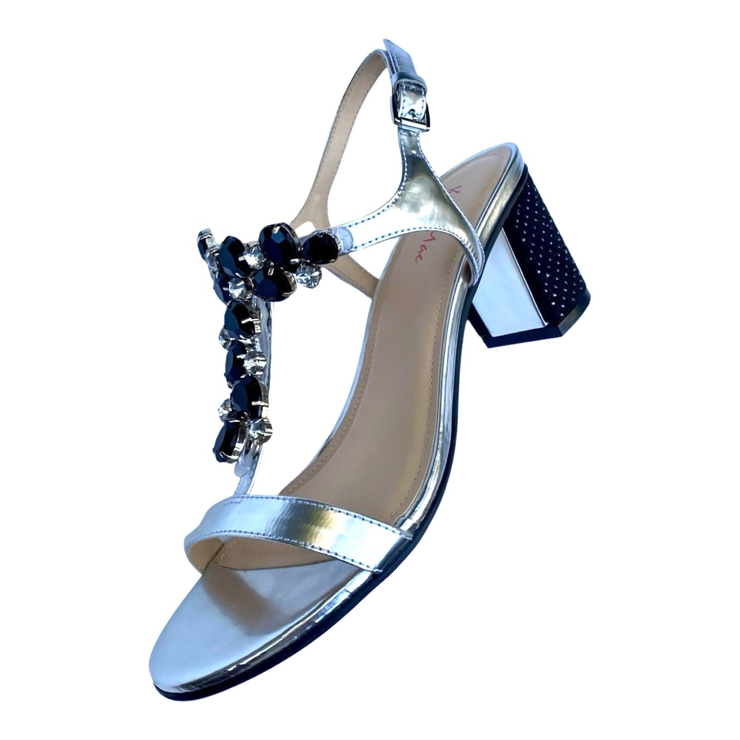 Classic Silver Sandal with Black Rhinestone Strap and Black Crystal Block Heel Cover