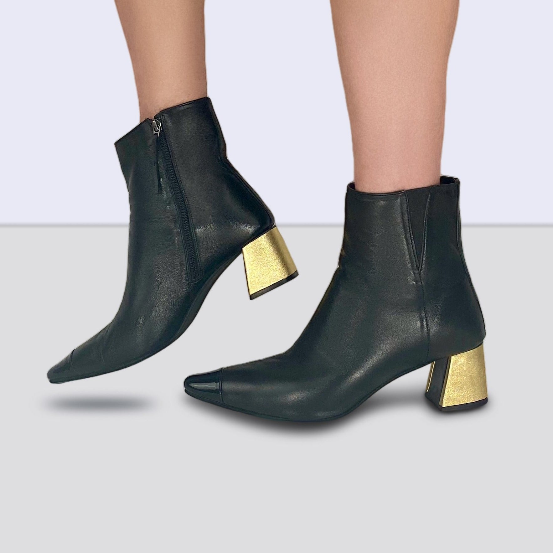 Pointed Toe Boot with Gold Flared Heel Cover
