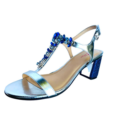 Classic Silver Sandal with Sapphire Rhinestone Strap and Sapphire Glitter Block Heel Cover