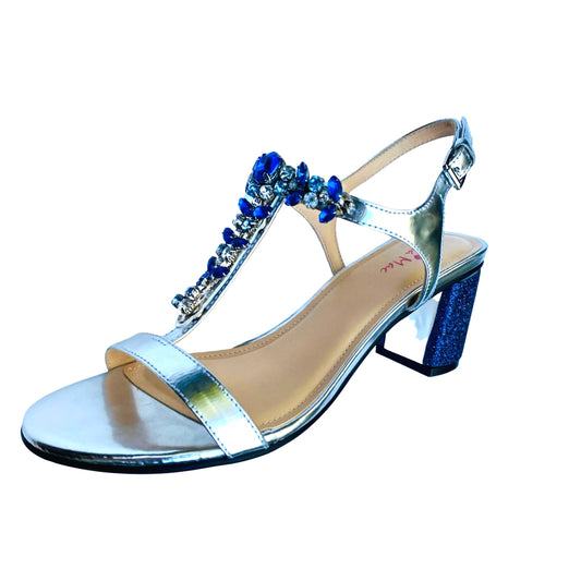 Classic Silver Sandal with Sapphire Rhinestone Strap and Sapphire Glitter Block Heel Cover