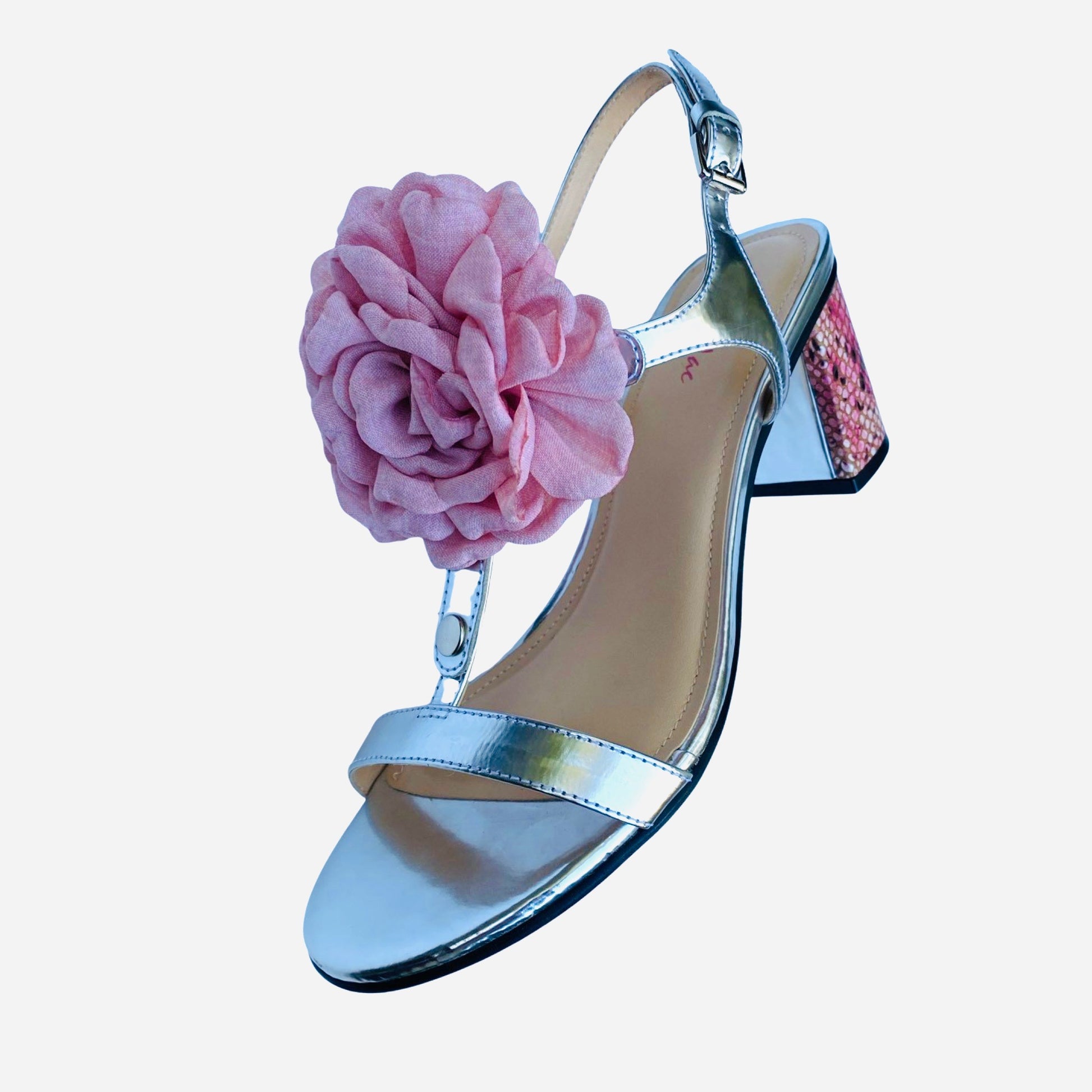 Classic Silver Sandal with Pink Toe Clip Strap Strap and SPink Python Printed Block Heel Cover