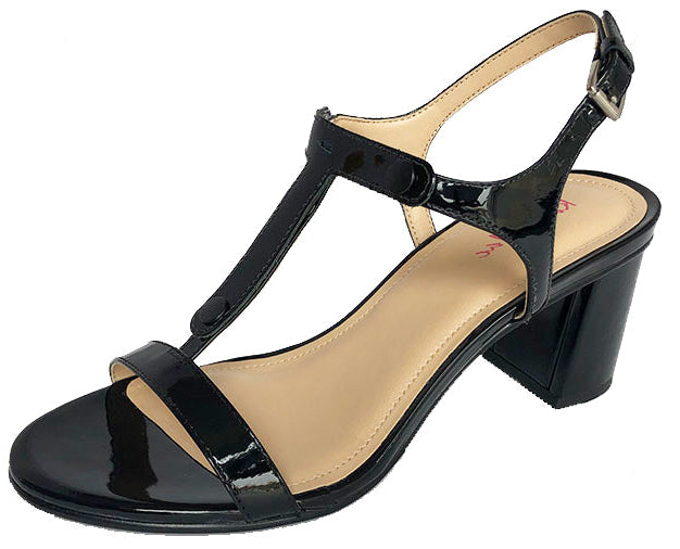 Classic Black Patent Leather Sandals with interchangeable T-Strap and Block Heel