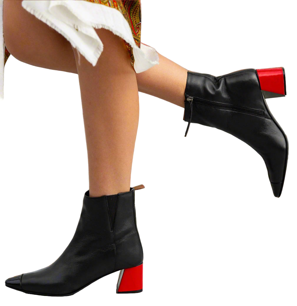 Pointed Toe Boot with Red Patent Flared Heel Cover